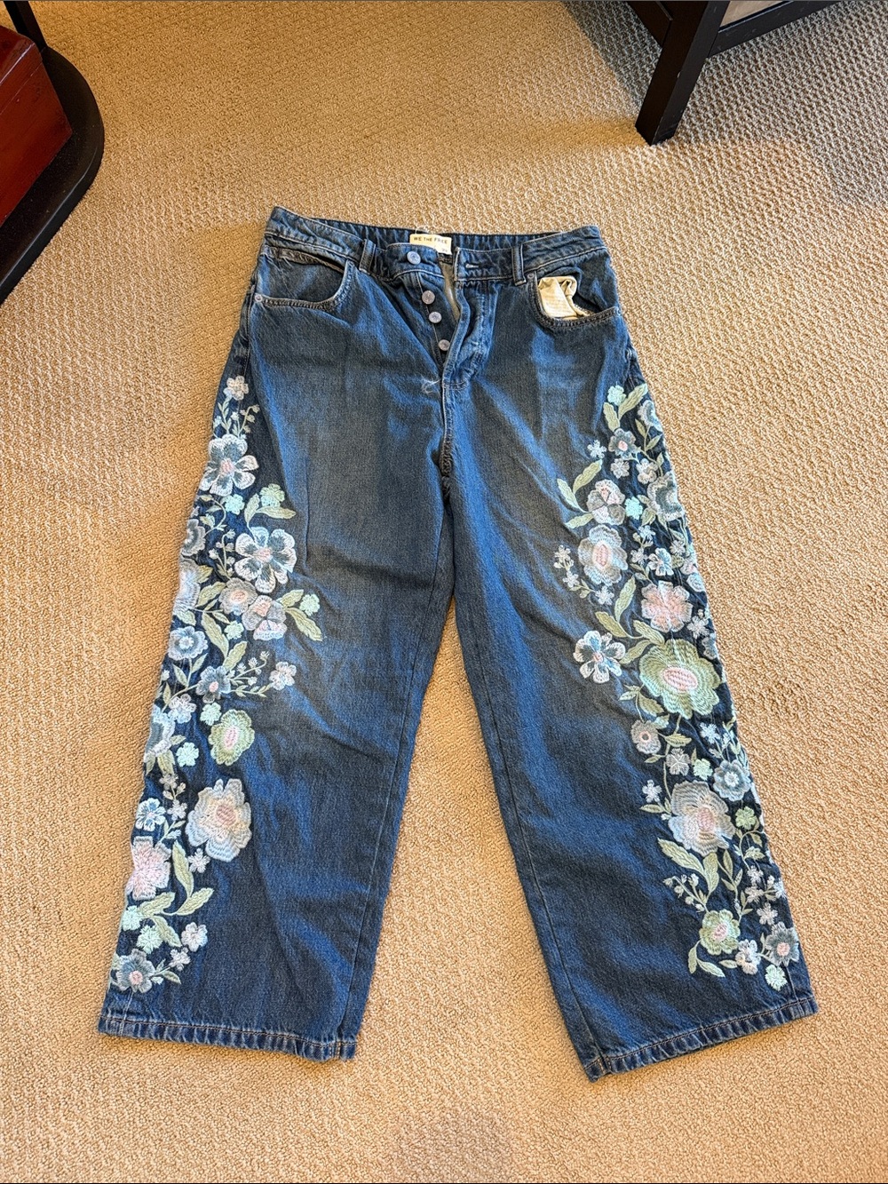 Free People Dark Blue Wide-Leg Jeans with Pastel Floral Embroidery